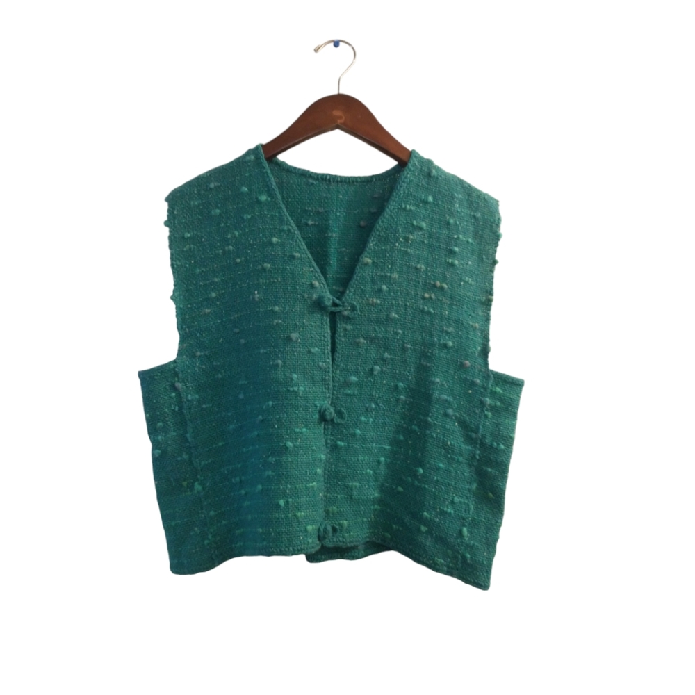 Women's Blue Green Knit Vest with Knit Button Closure
